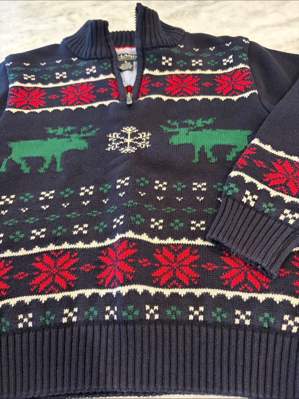ELand Navy Half-Zip Sweater with Red & Green Fair Isle Motifs